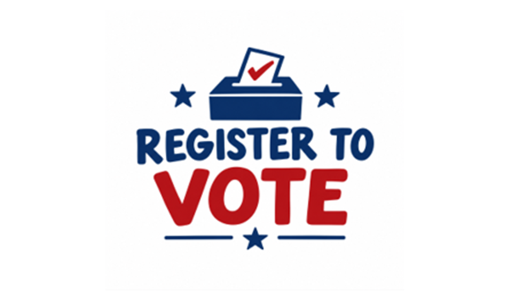 Register to Vote graphic with blue ballot box and stars, Vote in red font
