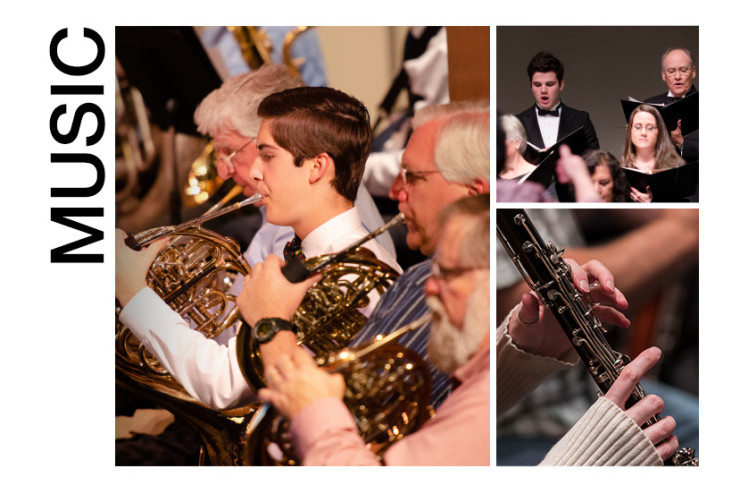 Musicians performing in an ensemble, featuring French horn players, a choir, and a close-up of a woodwind instrument.
