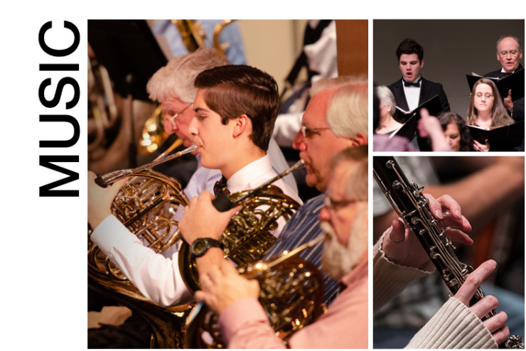 Musicians performing in an ensemble, featuring French horn players, a choir, and a close-up of a woodwind instrument.