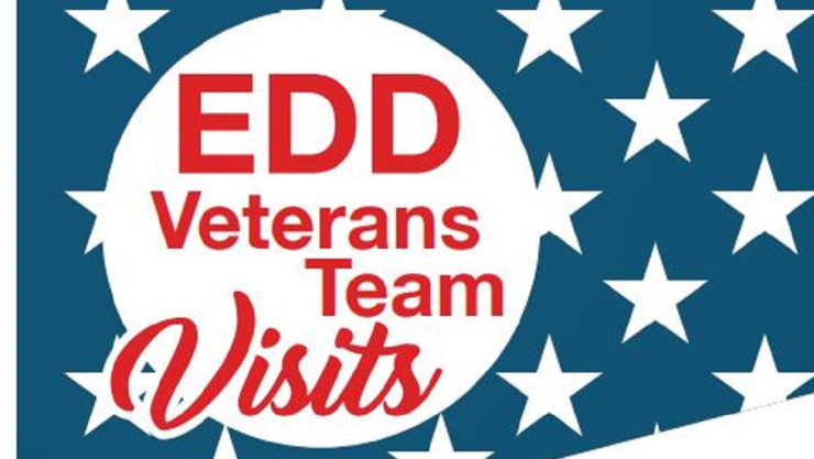 EDD Veterans Team Visits text with white stars a blue background 