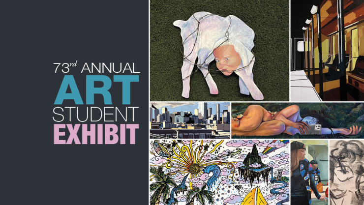Text saying "73rd Annual Art Student Exhibit" next to a collage of student artwork. 