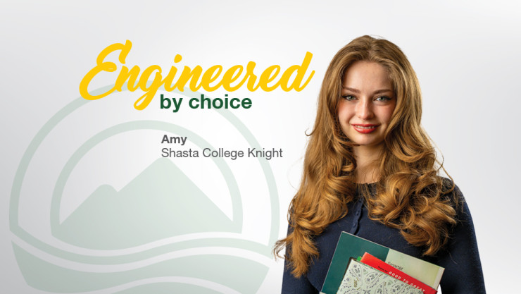 A picture of a student holding books next to text that says "Engineered by choice"