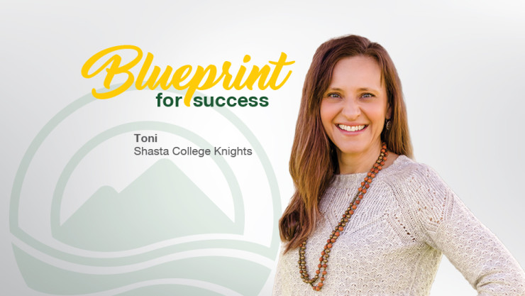 A picture of a women next to the text: "Blueprint for success - Toni Shast College Knights"
